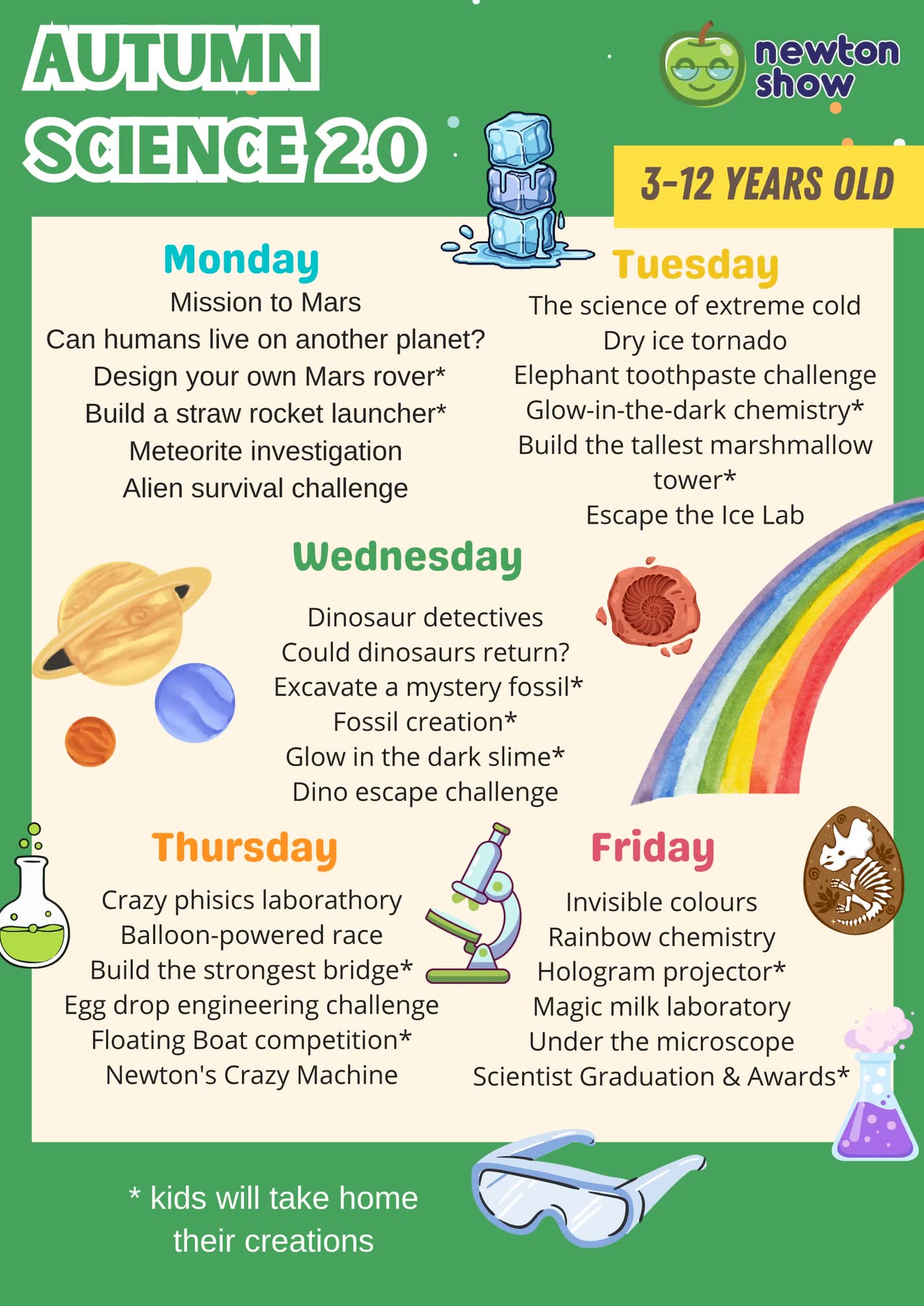 Autumn Science 2.0 camp leaflet — the five daily themes and experiments for Newtonshow Malaysia Autumn Camp 2026